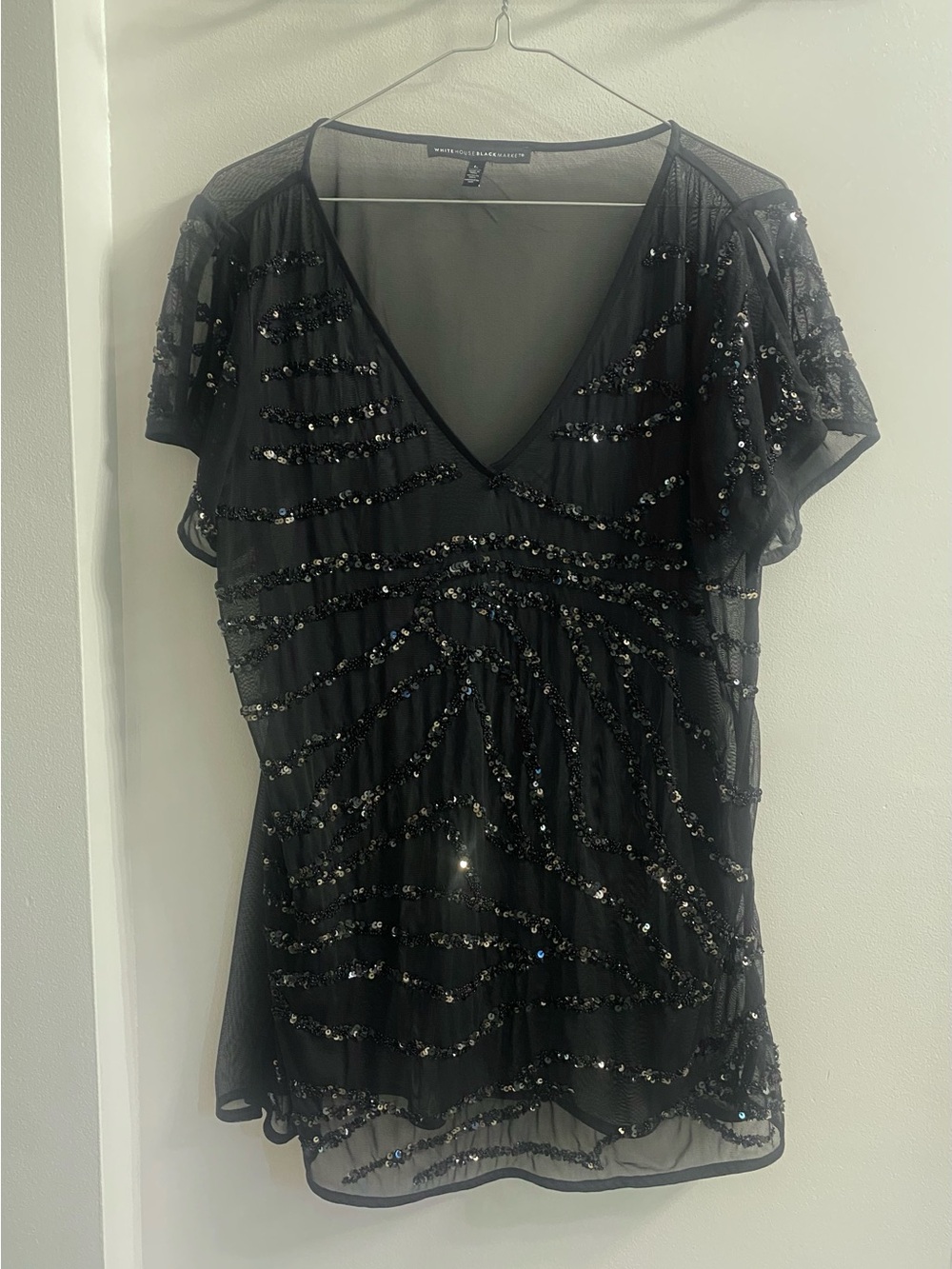 White House Black Market Black Sequined V-Neck Mesh Top